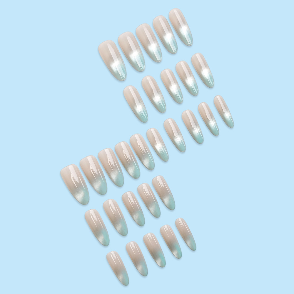Long Oval Press-On Nails, Blue Cat-Eye — 24 Pieces